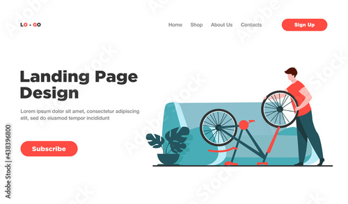 Man repairing bicycle at home. Wheel, sofa, living room flat vector illustration. Transport and maintenance concept for banner, website design or landing web page
