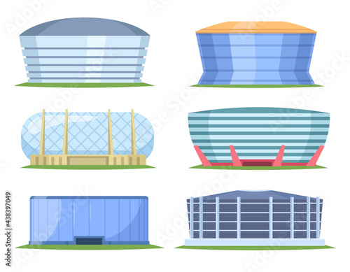Front view of sport stadiums in cartoon style. City arena exterior illustration. Set of beautiful modern sports stadiums for football championship, sports arena for advertisement design