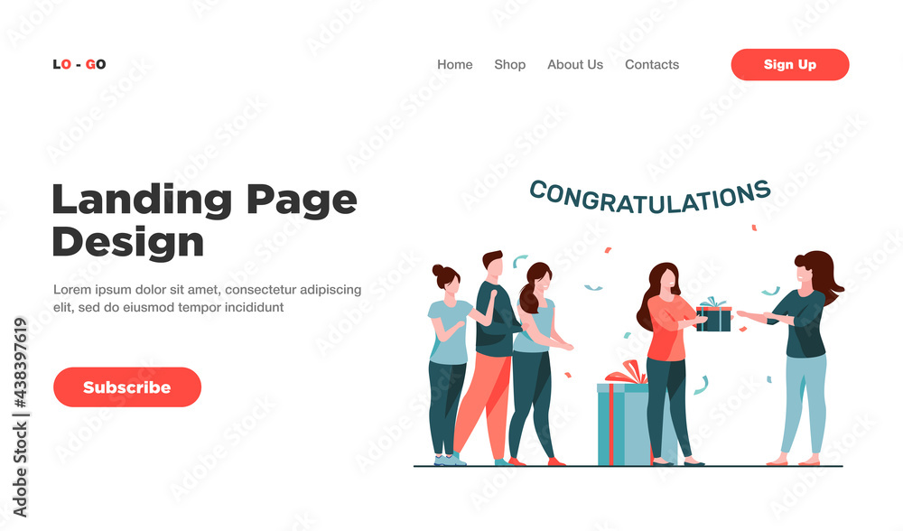 Happy friends celebrating birthday of woman. Gift, present, holiday flat vector illustration. Congratulation and party concept for banner, website design or landing web page Happy friends celebrating birthday of woman. Gift, present, holiday flat vector illustration. Congratulation and party concept for banner, website design or landing web page