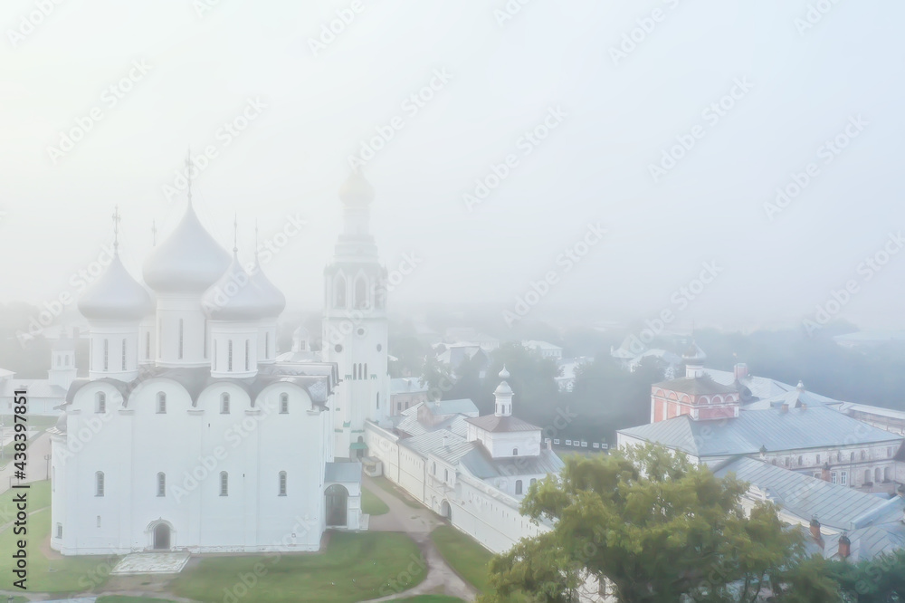 church fog top view, drone in vologda, landscape religion europe
