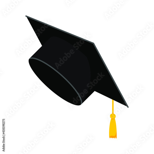 Flat vector cartoon illustration of a black graduate cap. Isolated design for graduation ceremonies and educational programs on a white background.