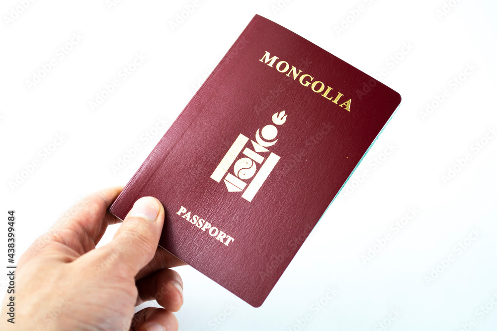 Mongolia Passport in Hand Realistic Giving and Showing Passport on white background Mongolia Passport in Hand Realistic Giving and Showing Passport on white background