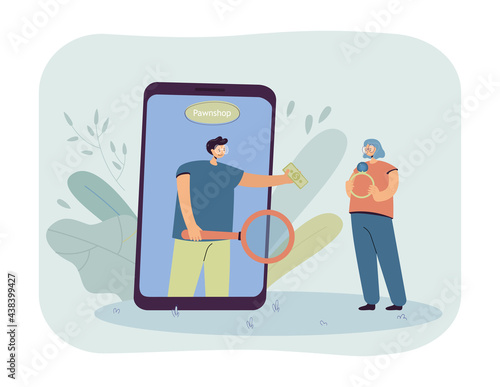 Girl selling her jewelry through online pawnshop. Man on mobile phone with magnifier buying gold ring during pandemic flat vector illustration. Lombard, deal, covid concept