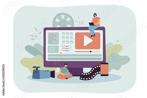 Tiny video editors sitting on giant monitor. Flat vector illustration. Operators making video editing, production, visual content. Multimedia, publishing, news, video, editing concept for banner