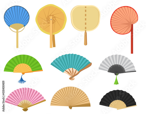 Different hand fans vector illustrations set. Vintage Japanese or Chinese paper fan designs isolated on white background. Culture, Asia, accessories, tradition, decoration concept