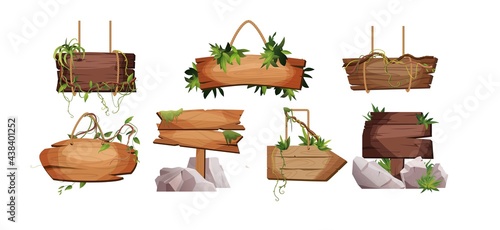 Empty wooden planks hanging on ropes with liana branches and tropical leaves. Set of vintage, retro banners for game. Cartoon vector illustration.