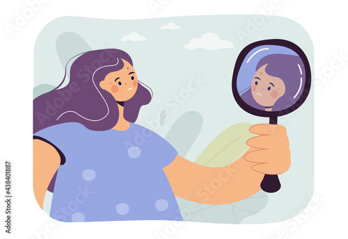 Woman worried about acne vector illustration. Displeased female character looking at herself in mirror. Girl unhappy about skin condition. Skin problem concept for banner, website design or landing