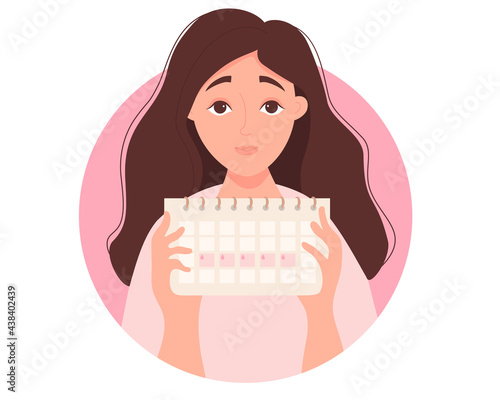 The girl looks at calendar. Portrait of a beautiful long-haired brunette holding a female menstruation calendar. Vector illustration. Girl menstruation concept and female health