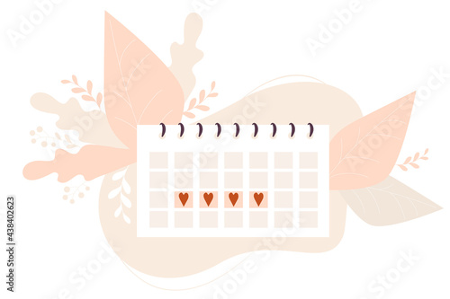 Womens monthly menstruation calendar on a decorative background of leaves. Vector illustration. Menstruation and female health concept
