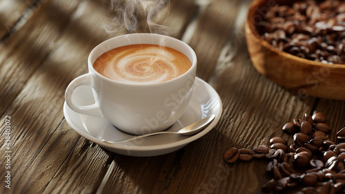 Frische Tasse Kaffee mit Kaffeebohnen auf Tisch