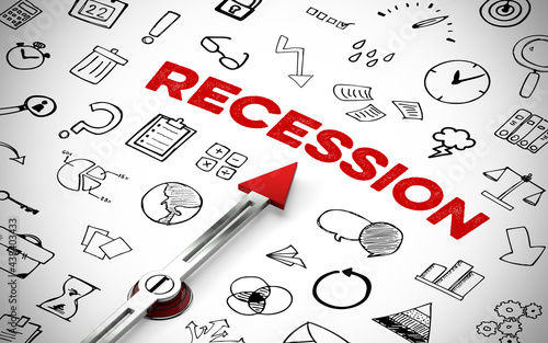 Kompass Pfeil zeigt auf Schriftzug Rezession mit Icons