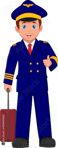 cartoon cute pilot thumbs up and holding suitcase