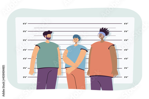 Police lineup flat vector illustration. Suspected criminals standing in mugshot background at police station. Criminal identification, mafia, police, photo concept