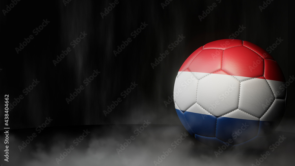 Fototapeta premium Soccer ball in flag colors on a dark abstract background. Netherlands. 3D image.