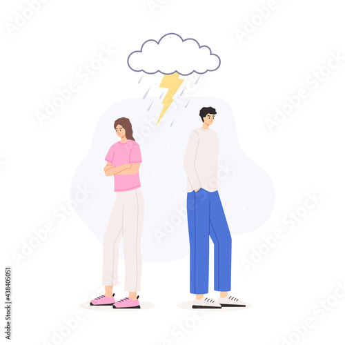 Crisis in a pair between husband and wife. Resentment in relationships, misunderstanding in the family. Unhappy couple, conflict. Divorce concept, family litter. Vector illustration isolated on white