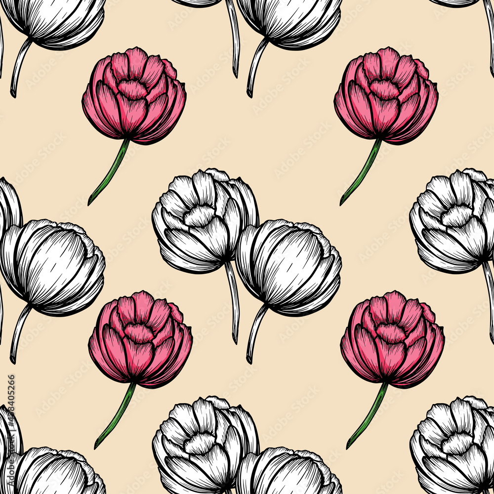 Natural seamless pattern with tender peony pink ink flowers hand drawn with contour lines. Realistic botanical vector illustration Natural seamless pattern with tender peony pink ink flowers hand drawn with contour lines. Realistic botanical vector illustration