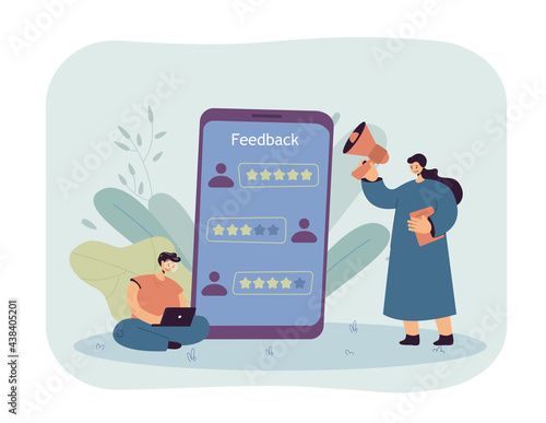Application user giving positive feedback. Tiny female character with loudspeaker, huge phone flat vector illustration. Customer feedback, software development concept for banner, website design