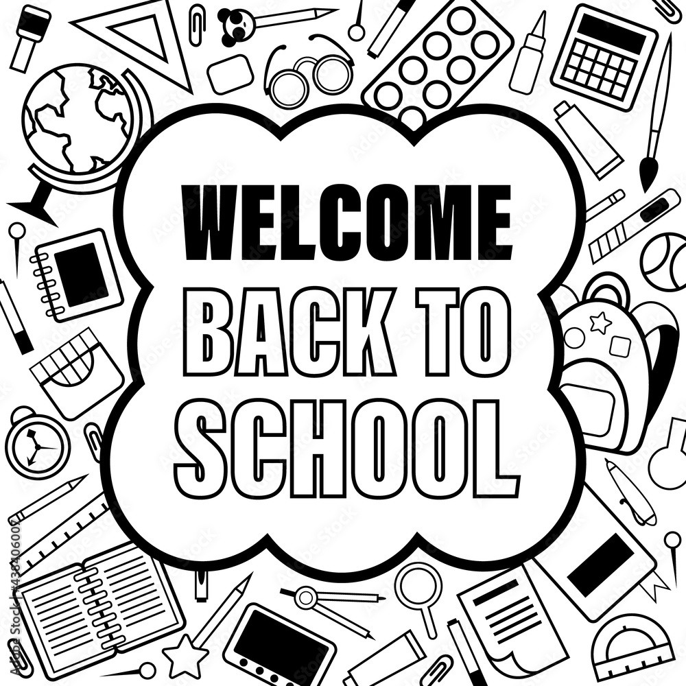 welcome back to school. the poster is vector monochrome linear. welcome text on the background of a pattern of school attributes.