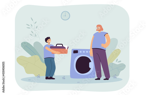 Mother and son doing laundry vector illustration. Female character standing beside washing machine, little boy carrying bowl with clothes. Household concept for banner, website design, landing web