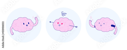 Set Badges Train Your Brain. Modern Flat Vector Illustration. Happy Brain Wave Hello, in Love, Show Okay Sign. Social Media Template.