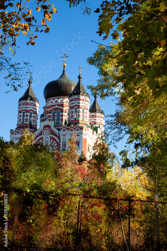 Panteleimon Monastery in Feofania, Kyiv. Beautiful old red orthodox church. Crosses on the domes. Cathedral Area. The Feofaniya Park is one of the most beautiful places in Kiev, Ukraine