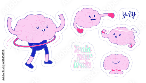 Set Train Your Brain. Modern Flat Vector Illustration. Happy Brain with Hula Hoop, Training Activity, Boxing, Show Its Biceps, Meditate, Lettering Composition. Social Media Template.