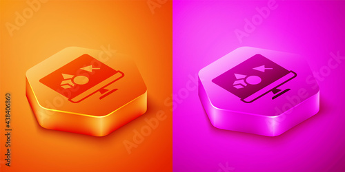 Isometric 3D printer software icon isolated on orange and pink background. 3d printing. Hexagon button. Vector