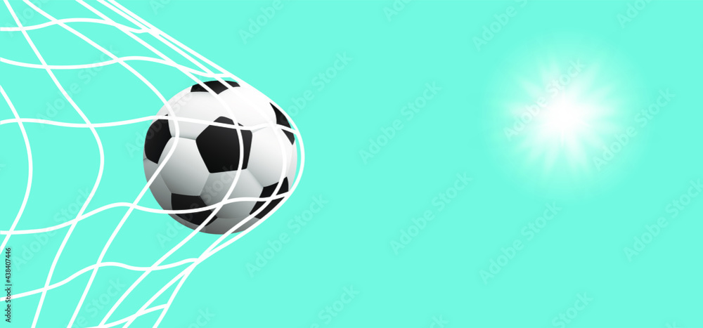 Obraz premium Goal net with sun. Ball in goal. Soccer border on football blue sky. Vector stadium, supporters background banner. wk, ek sport finale or school, sports game cup. Street ball games. 2021