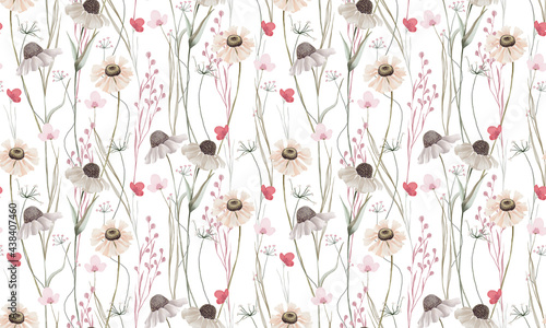 Hand drawn watercolor seamless pattern with meadow wild flowers. and grass.