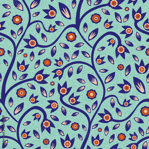 Modern Indian Florals style vector seamless pattern background. Neon orange indigo abstract flowers and leaves on winding stems on a textured vermillion backdrop.Tropical repeat for boho summer theme