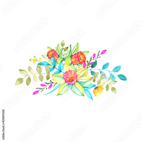 Fototapeta Naklejka Na Ścianę i Meble -  watercolor daffodil flowers, spring bouquet, greeting card