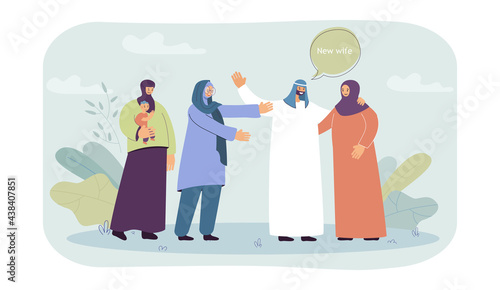 Muslim man welcoming new wife into his family. Flat vector illustration. Polygamous marriage, two women meeting new chosen one of their husband. Polygamy, marriage, family, patriarchy concept