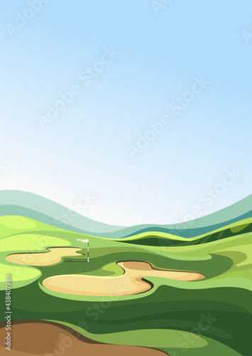 Golf course with sand traps. Outdoor sport location in vertical orientation.