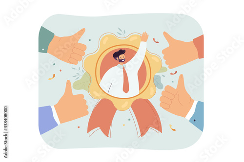 Best employee with outstanding reputation. Business person popular with colleagues flat vector illustration. Recognition, human resources, success concept for banner, website design or landing page