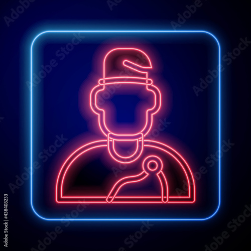 Glowing neon Wizard warlock icon isolated on black background. Vector