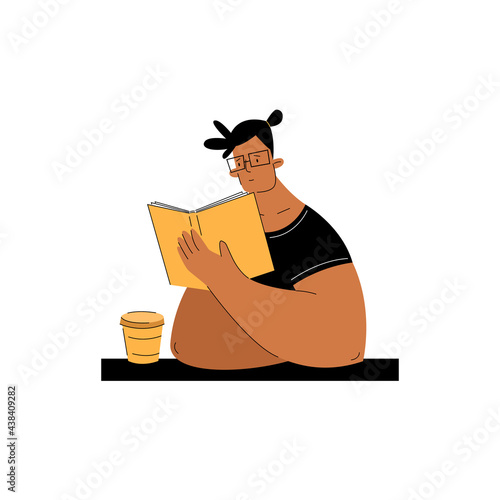 Man reading a book with a cup of coffee in a cafe in trendy hand drawn vector style
