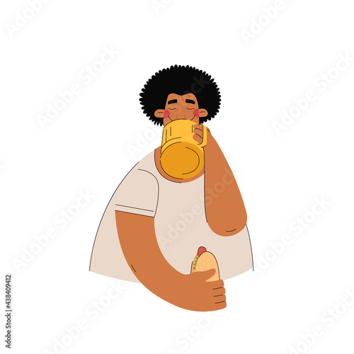 Man drinking beer and eating fast food in trendy hand drawn style
