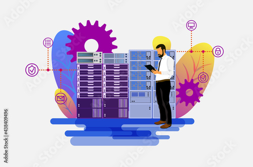 Data center web concept. Datacenter with equipment, man works in server room.  Template of people scenes. Vector illustration with character activities in flat design for website.