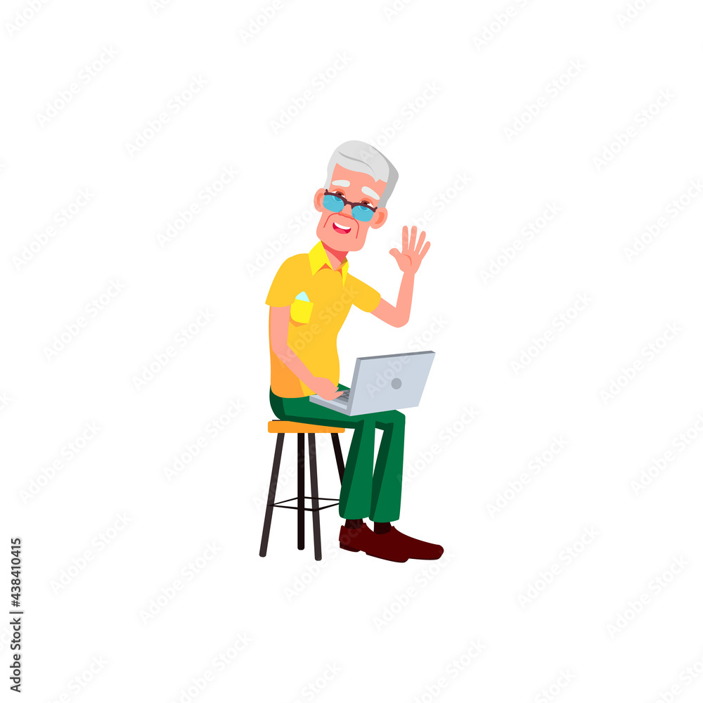 happy mature age man using laptop for communication with children cartoon vector. happy mature age man using laptop for communication with children character. isolated flat cartoon illustration happy mature age man using laptop for communication with children cartoon vector. happy mature age man using laptop for communication with children character. isolated flat cartoon illustration
