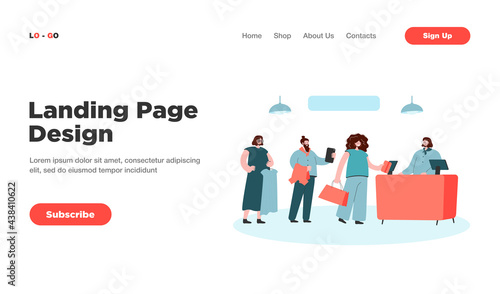 Cartoon people standing in queue flat vector illustration. Men and women waiting in clothes shop in front of cashdesk and store assistant. Shopping, service, business concept for banner design