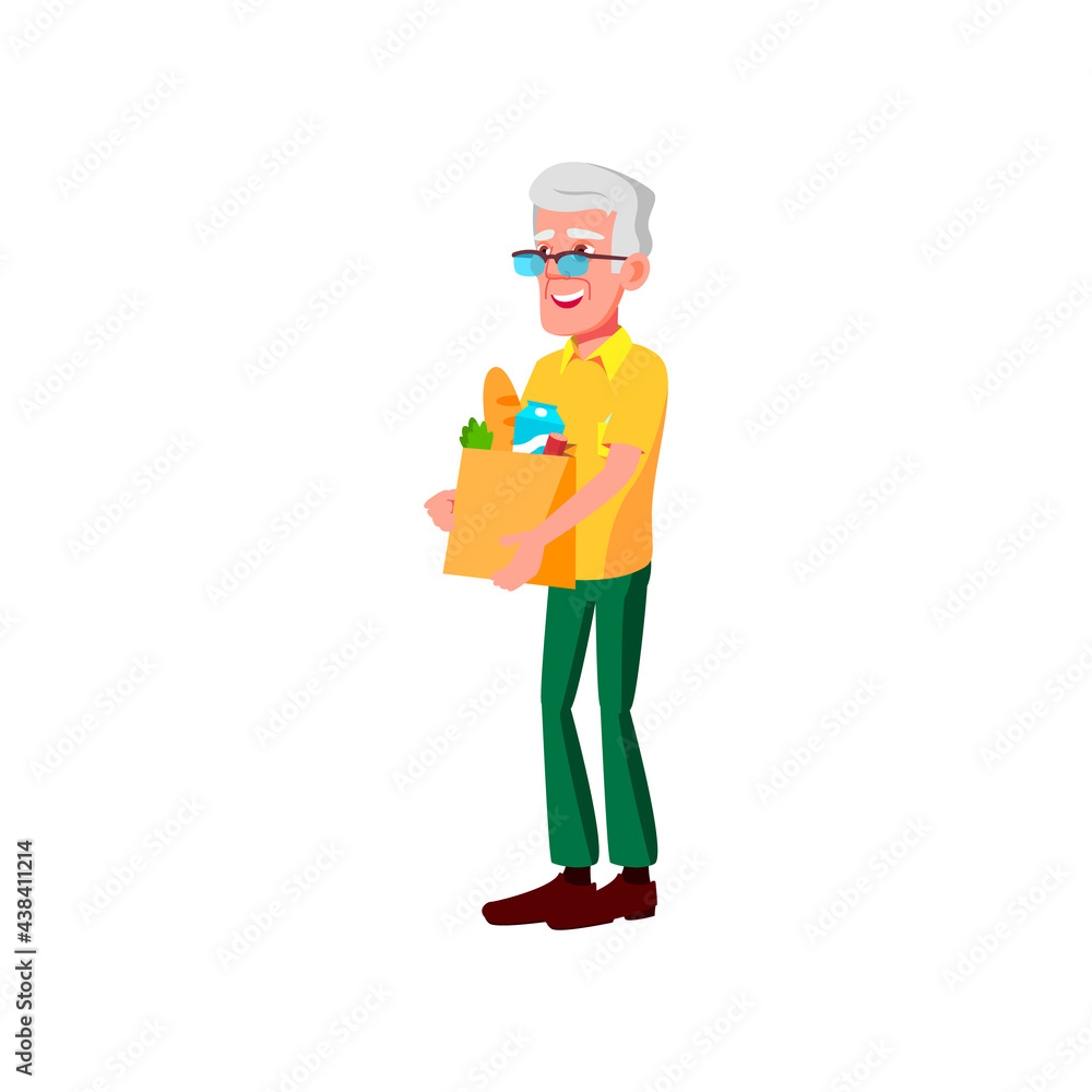 happy old man with food bag in grocery store cartoon vector. happy old man with food bag in grocery store character. isolated flat cartoon illustration
