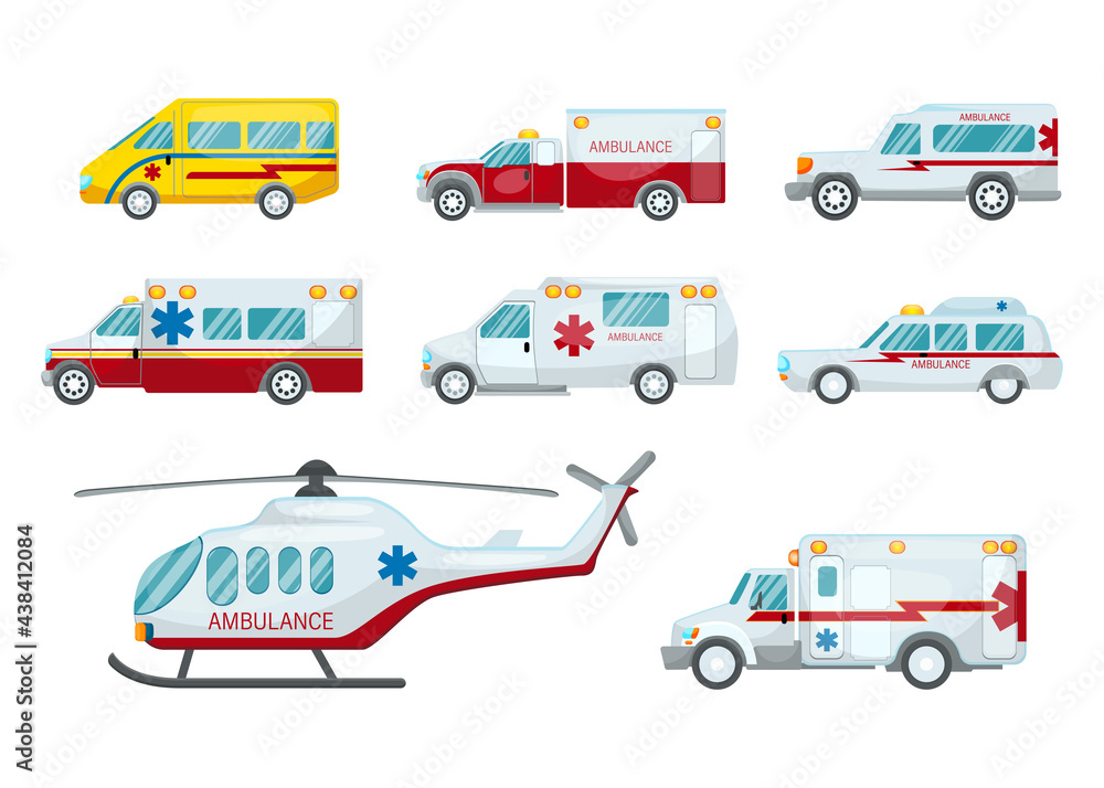 Naklejka premium Ambulance vehicles vector illustration set. Medical cars on white background. Paramedical first aid. Support, transport, fast rescue team concept.