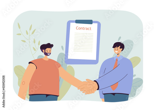 Men signing contract vector illustration. Two smiling businessmen shaking hands with contract on background. Business concept for banner, website design, landing web page