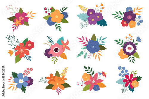 Bright, colorful flower bouquets. Suitable for decorating postcards, logos, invitations, business cards. Vector illustration. © Victoria Guzeeva
