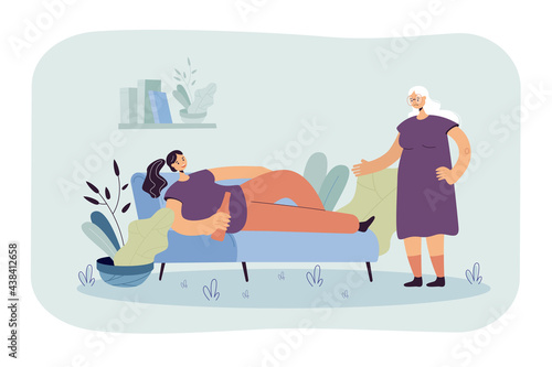 Mother sad with drunk daughter. Young female character lying on sofa with bottle, older woman screaming at her with disappointment. Misunderstanding, alcoholism concept for banner, website design