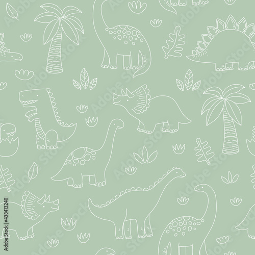 Cute dinosaur seamless pattern. Green and white outlines in cartoon style.