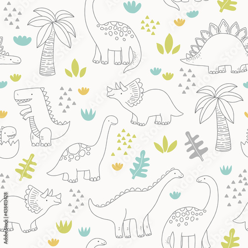Cute dinosaur seamless pattern. Vector background in scandinavian style.