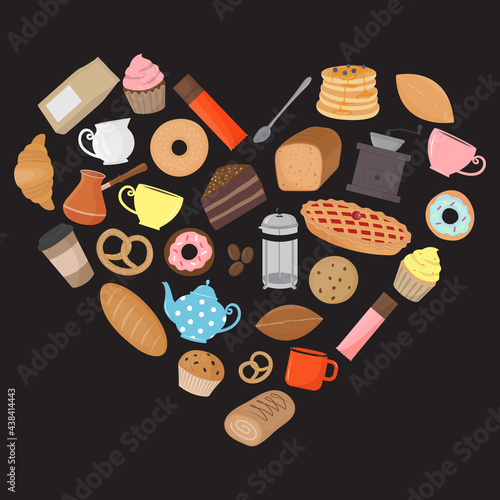 Coffee shop, cafe, pastry elements in heart shape. Vector illustration on black background. Bakery products in flat style. Various pastry fast food icons.