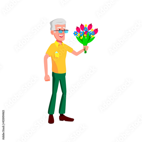 old man giving flower bouquet to granny on date cartoon vector. old man giving flower bouquet to granny on date character. isolated flat cartoon illustration