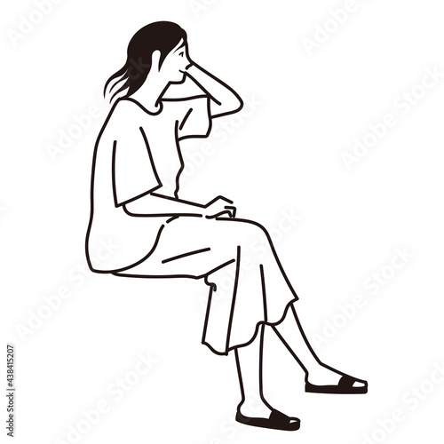 座って風を感じる女性の線画